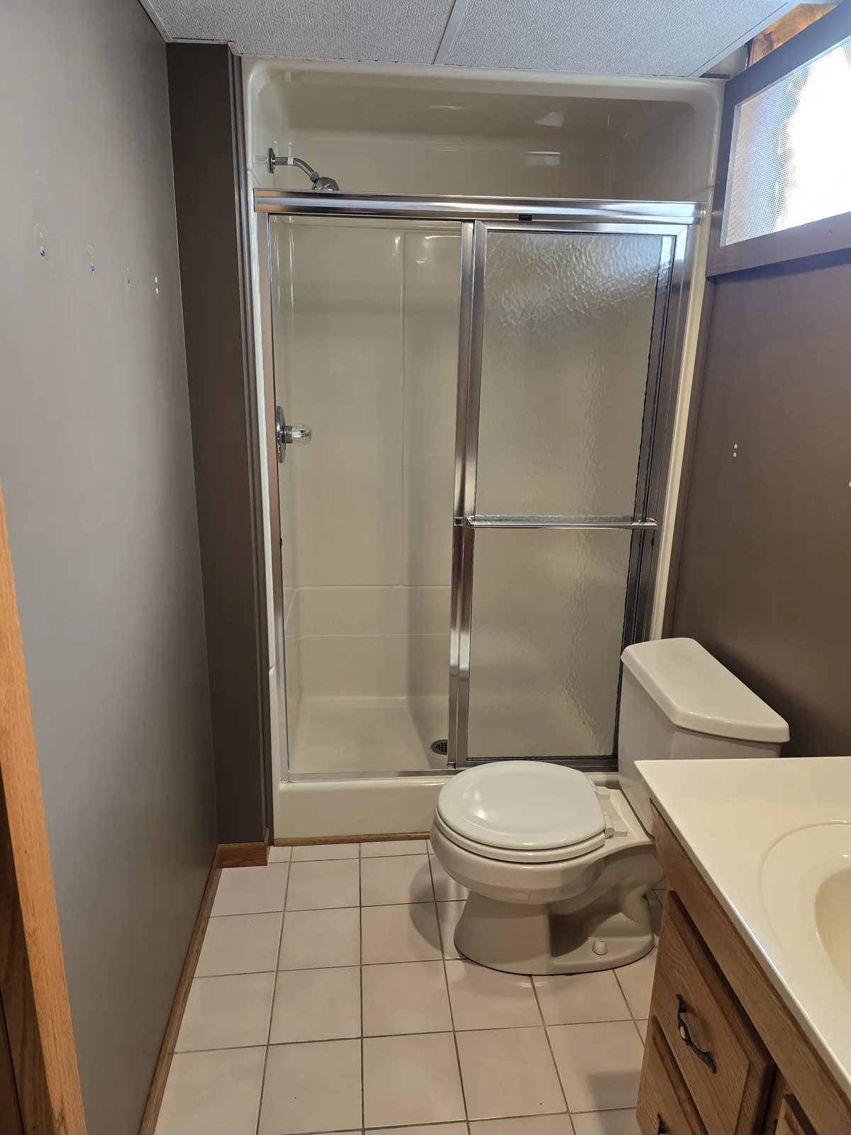 Before: the dated basement shower stall and drop ceiling