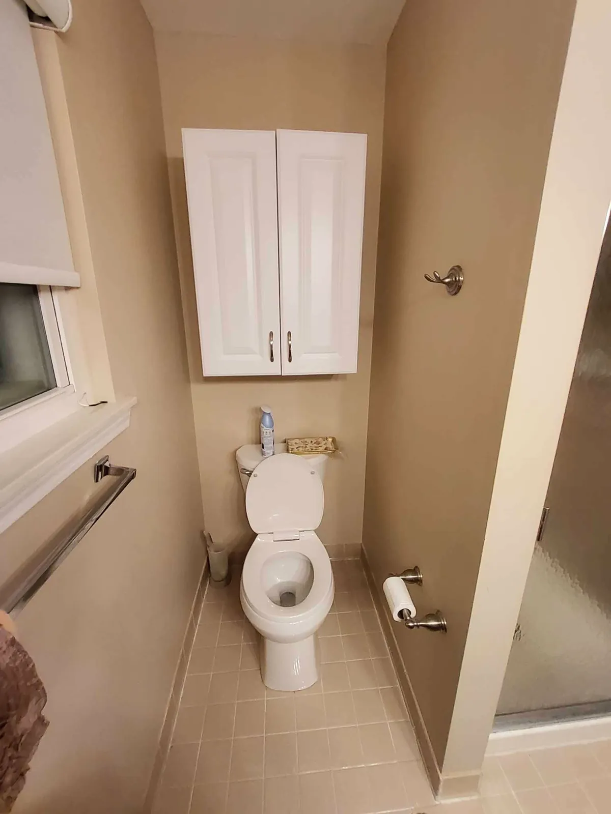 Before: the dated beige bathroom