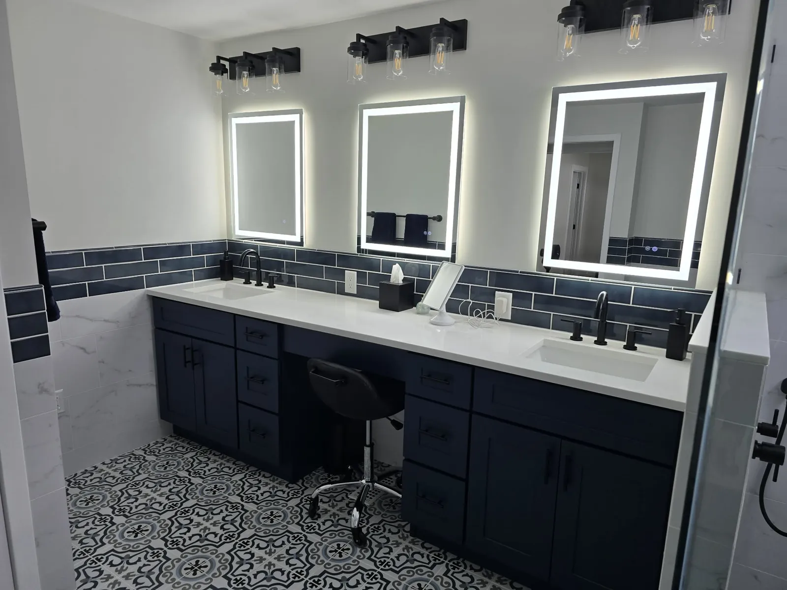 Finished: three LED mirrors over the double vanity