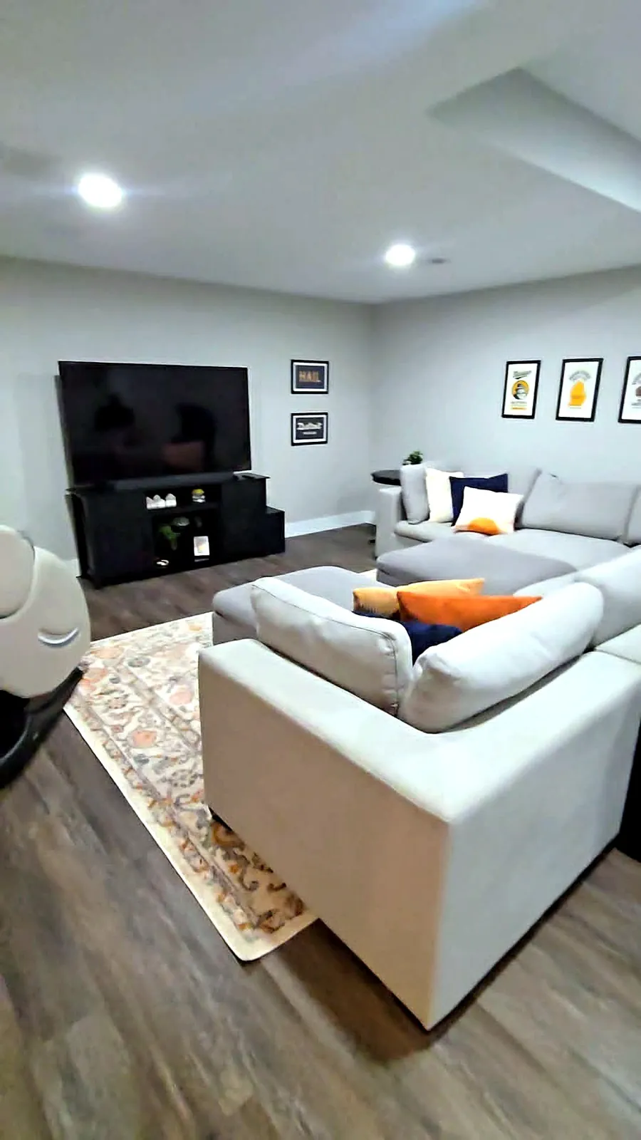 The finished Plymouth basement family room