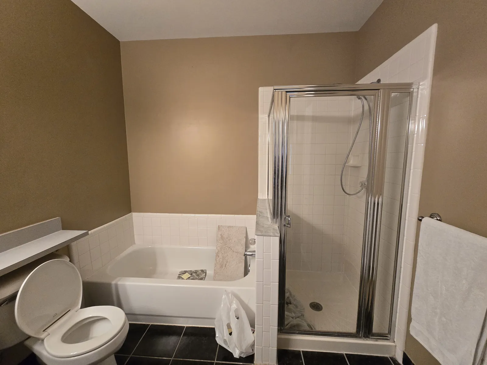Before: the original tub and fiberglass shower stall